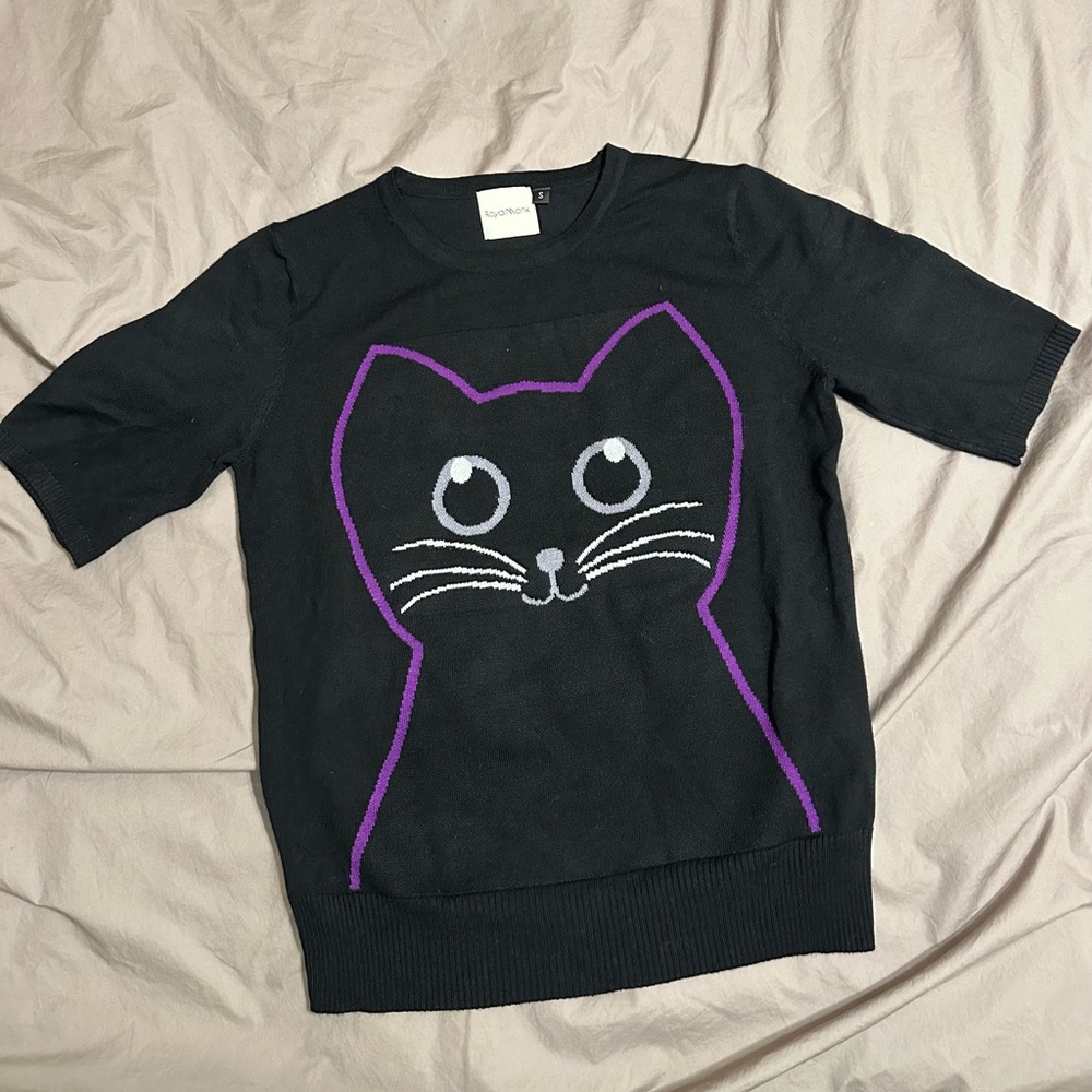 Imported Euro Design Royal Monk Black Cat Goth Whimsical Cropped Sweater Size S